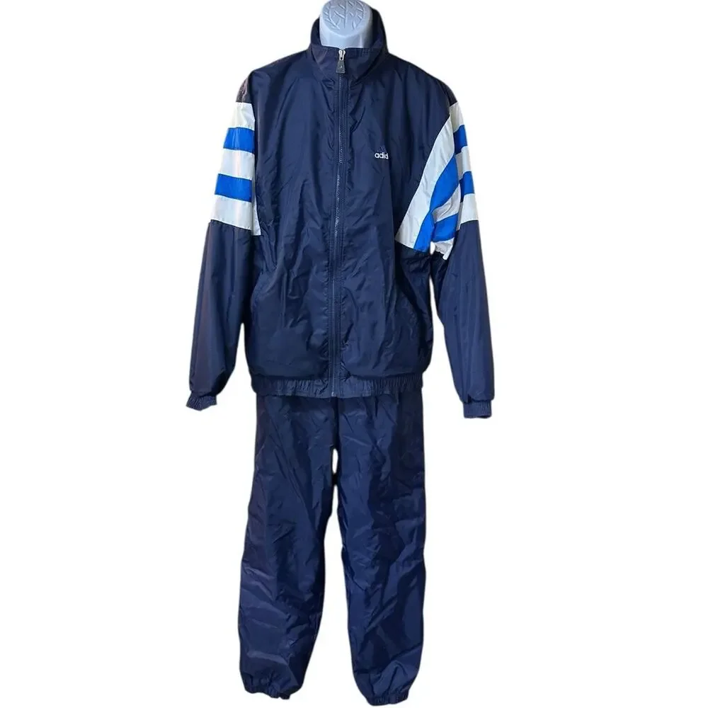 VINTAGE Adidas Track Suit Men L Navy Windbreaker Jacket Pants 2 Piece Lined 90s